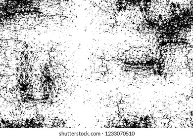 Grunge overlay layer. Abstract black and white vector background. Monochrome vintage surface with dirty pattern in cracks, spots, dots. Old wall in dark horror style design