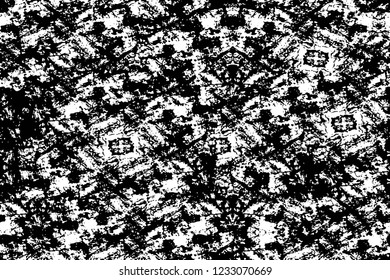 Grunge overlay layer. Abstract black and white vector background. Monochrome vintage surface with dirty pattern in cracks, spots, dots. Old wall in dark horror style design