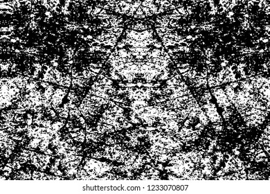 Grunge overlay layer. Abstract black and white vector background. Monochrome vintage surface with dirty pattern in cracks, spots, dots. Old wall in dark horror style design