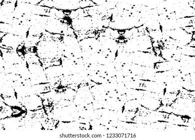 Grunge overlay layer. Abstract black and white vector background. Monochrome vintage surface with dirty pattern in cracks, spots, dots. Old wall in dark horror style design