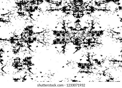 Grunge overlay layer. Abstract black and white vector background. Monochrome vintage surface with dirty pattern in cracks, spots, dots. Old wall in dark horror style design