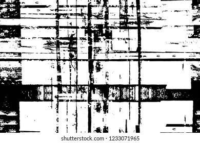 Grunge overlay layer. Abstract black and white vector background. Monochrome vintage surface with dirty pattern in cracks, spots, dots. Old wall in dark horror style design