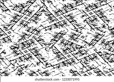 Grunge overlay layer. Abstract black and white vector background. Monochrome vintage surface with dirty pattern in cracks, spots, dots. Old wall in dark horror style design