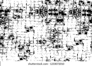 Grunge overlay layer. Abstract black and white vector background. Monochrome vintage surface with dirty pattern in cracks, spots, dots. Old wall in dark horror style design