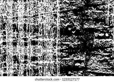 Grunge overlay layer. Abstract black and white vector background. Monochrome vintage surface with dirty pattern in cracks, spots, dots. Old wall in dark horror style design
