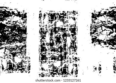 Grunge overlay layer. Abstract black and white vector background. Monochrome vintage surface with dirty pattern in cracks, spots, dots. Old wall in dark horror style design