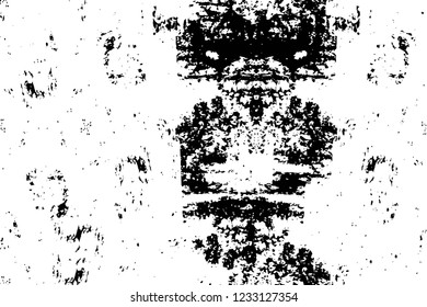 Grunge overlay layer. Abstract black and white vector background. Monochrome vintage surface with dirty pattern in cracks, spots, dots. Old wall in dark horror style design