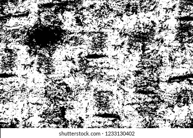 Grunge overlay layer. Abstract black and white vector background. Monochrome vintage surface with dirty pattern in cracks, spots, dots. Old wall in dark horror style design