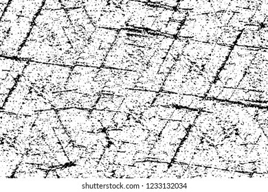Grunge overlay layer. Abstract black and white vector background. Monochrome vintage surface with dirty pattern in cracks, spots, dots. Old wall in dark horror style design