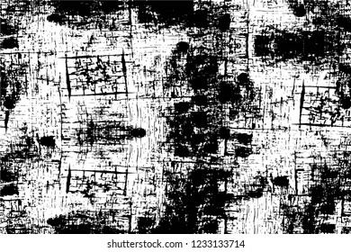 Grunge overlay layer. Abstract black and white vector background. Monochrome vintage surface with dirty pattern in cracks, spots, dots. Old wall in dark horror style design