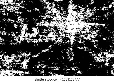 Grunge overlay layer. Abstract black and white vector background. Monochrome vintage surface with dirty pattern in cracks, spots, dots. Old wall in dark horror style design