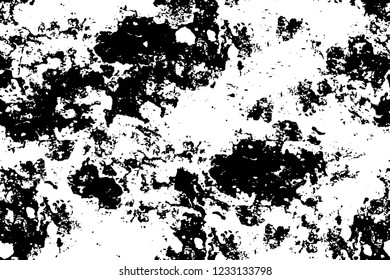 Grunge overlay layer. Abstract black and white vector background. Monochrome vintage surface with dirty pattern in cracks, spots, dots. Old wall in dark horror style design