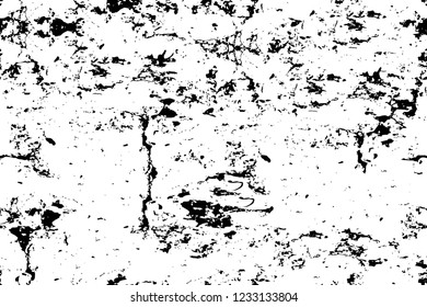 Grunge overlay layer. Abstract black and white vector background. Monochrome vintage surface with dirty pattern in cracks, spots, dots. Old wall in dark horror style design