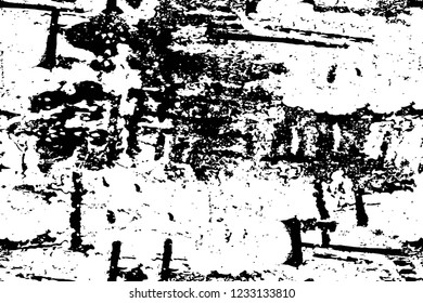 Grunge overlay layer. Abstract black and white vector background. Monochrome vintage surface with dirty pattern in cracks, spots, dots. Old wall in dark horror style design