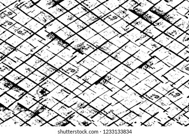Grunge overlay layer. Abstract black and white vector background. Monochrome vintage surface with dirty pattern in cracks, spots, dots. Old wall in dark horror style design