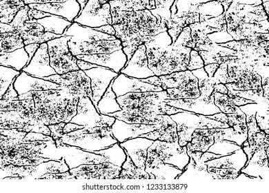 Grunge overlay layer. Abstract black and white vector background. Monochrome vintage surface with dirty pattern in cracks, spots, dots. Old wall in dark horror style design