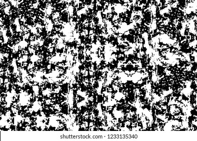 Grunge overlay layer. Abstract black and white vector background. Monochrome vintage surface with dirty pattern in cracks, spots, dots. Old wall in dark horror style design