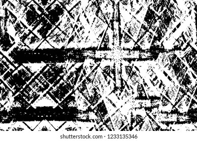 Grunge overlay layer. Abstract black and white vector background. Monochrome vintage surface with dirty pattern in cracks, spots, dots. Old wall in dark horror style design