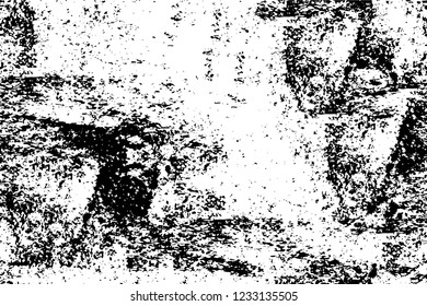 Grunge overlay layer. Abstract black and white vector background. Monochrome vintage surface with dirty pattern in cracks, spots, dots. Old wall in dark horror style design