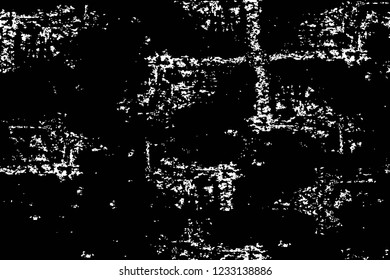 Grunge overlay layer. Abstract black and white vector background. Monochrome vintage surface with dirty pattern in cracks, spots, dots. Old wall in dark horror style design