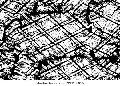 Grunge overlay layer. Abstract black and white vector background. Monochrome vintage surface with dirty pattern in cracks, spots, dots. Old wall in dark horror style design