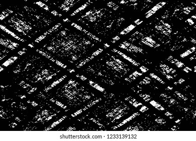 Grunge overlay layer. Abstract black and white vector background. Monochrome vintage surface with dirty pattern in cracks, spots, dots. Old wall in dark horror style design