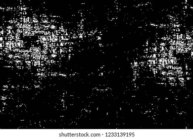 Grunge overlay layer. Abstract black and white vector background. Monochrome vintage surface with dirty pattern in cracks, spots, dots. Old wall in dark horror style design