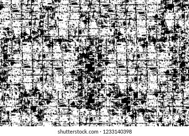 Grunge overlay layer. Abstract black and white vector background. Monochrome vintage surface with dirty pattern in cracks, spots, dots. Old wall in dark horror style design