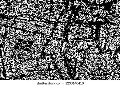 Grunge overlay layer. Abstract black and white vector background. Monochrome vintage surface with dirty pattern in cracks, spots, dots. Old wall in dark horror style design