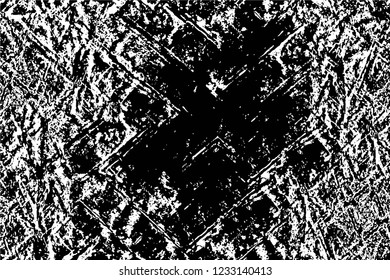 Grunge overlay layer. Abstract black and white vector background. Monochrome vintage surface with dirty pattern in cracks, spots, dots. Old wall in dark horror style design
