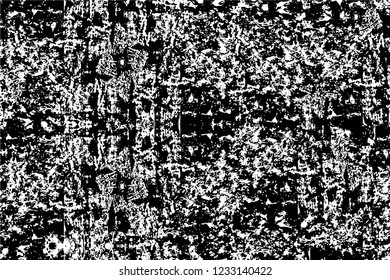 Grunge overlay layer. Abstract black and white vector background. Monochrome vintage surface with dirty pattern in cracks, spots, dots. Old wall in dark horror style design