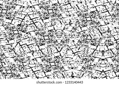Grunge overlay layer. Abstract black and white vector background. Monochrome vintage surface with dirty pattern in cracks, spots, dots. Old wall in dark horror style design