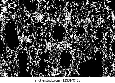 Grunge overlay layer. Abstract black and white vector background. Monochrome vintage surface with dirty pattern in cracks, spots, dots. Old wall in dark horror style design