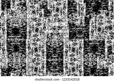Grunge overlay layer. Abstract black and white vector background. Monochrome vintage surface with dirty pattern in cracks, spots, dots. Old wall in dark horror style design