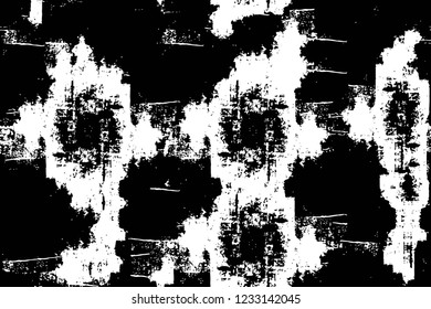 Grunge overlay layer. Abstract black and white vector background. Monochrome vintage surface with dirty pattern in cracks, spots, dots. Old wall in dark horror style design