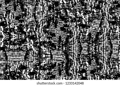 Grunge overlay layer. Abstract black and white vector background. Monochrome vintage surface with dirty pattern in cracks, spots, dots. Old wall in dark horror style design