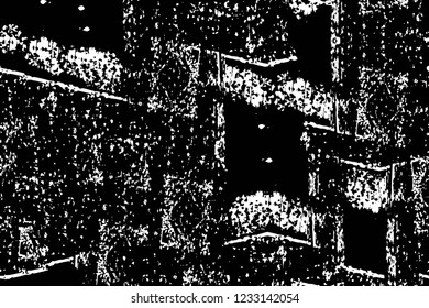 Grunge overlay layer. Abstract black and white vector background. Monochrome vintage surface with dirty pattern in cracks, spots, dots. Old wall in dark horror style design