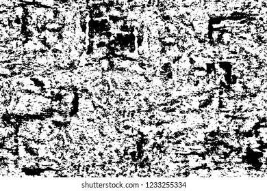 Grunge overlay layer. Abstract black and white vector background. Monochrome vintage surface with dirty pattern in cracks, spots, dots. Old wall in dark horror style design