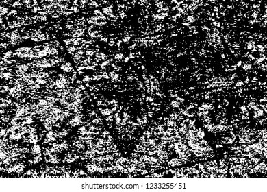 Grunge overlay layer. Abstract black and white vector background. Monochrome vintage surface with dirty pattern in cracks, spots, dots. Old wall in dark horror style design