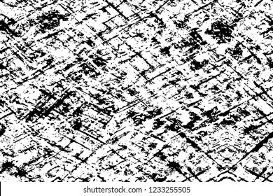Grunge overlay layer. Abstract black and white vector background. Monochrome vintage surface with dirty pattern in cracks, spots, dots. Old wall in dark horror style design