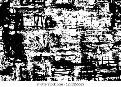 Grunge overlay layer. Abstract black and white vector background. Monochrome vintage surface with dirty pattern in cracks, spots, dots. Old wall in dark horror style design