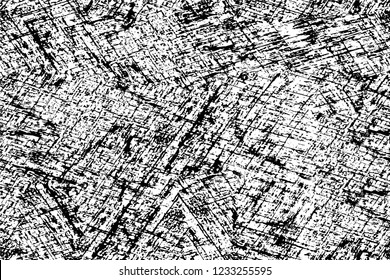 Grunge overlay layer. Abstract black and white vector background. Monochrome vintage surface with dirty pattern in cracks, spots, dots. Old wall in dark horror style design