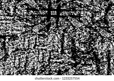 Grunge overlay layer. Abstract black and white vector background. Monochrome vintage surface with dirty pattern in cracks, spots, dots. Old wall in dark horror style design