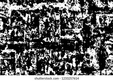 Grunge overlay layer. Abstract black and white vector background. Monochrome vintage surface with dirty pattern in cracks, spots, dots. Old wall in dark horror style design