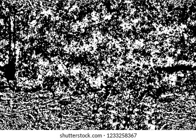 Grunge overlay layer. Abstract black and white vector background. Monochrome vintage surface with dirty pattern in cracks, spots, dots. Old wall in dark horror style design