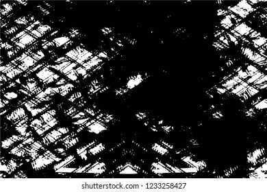 Grunge overlay layer. Abstract black and white vector background. Monochrome vintage surface with dirty pattern in cracks, spots, dots. Old wall in dark horror style design