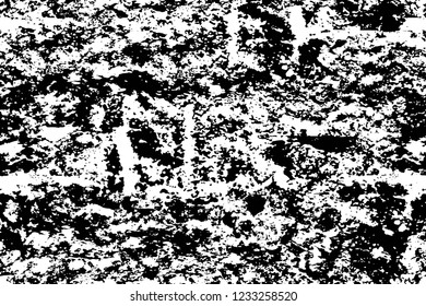 Grunge overlay layer. Abstract black and white vector background. Monochrome vintage surface with dirty pattern in cracks, spots, dots. Old wall in dark horror style design