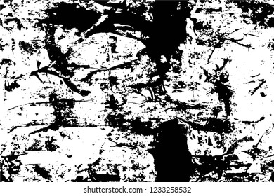 Grunge overlay layer. Abstract black and white vector background. Monochrome vintage surface with dirty pattern in cracks, spots, dots. Old wall in dark horror style design