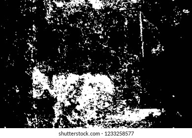 Grunge overlay layer. Abstract black and white vector background. Monochrome vintage surface with dirty pattern in cracks, spots, dots. Old wall in dark horror style design