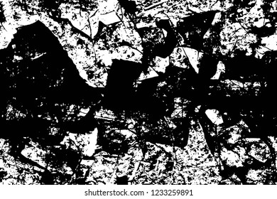 Grunge overlay layer. Abstract black and white vector background. Monochrome vintage surface with dirty pattern in cracks, spots, dots. Old wall in dark horror style design